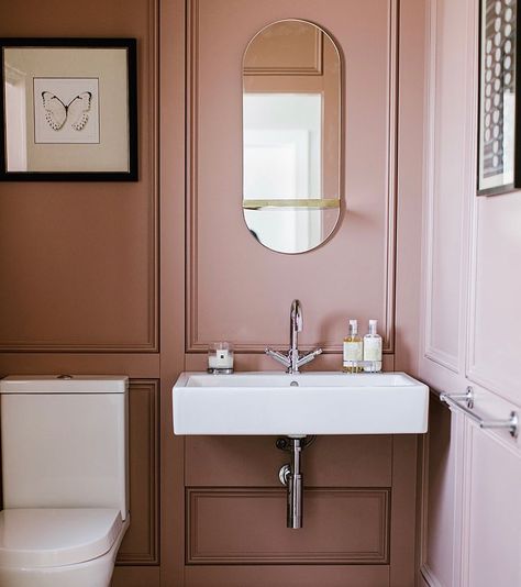 The abundance of natural light in this beautiful powder room gives #SulkingRoomPink a rosy glow! ✨ Photo by @ciara_keelan_concepts… Sulking Room Pink, Pink Powder Room, Beautiful Powder Rooms, Pink Toilet, Downstairs Loo, Pink Powder, Downstairs Toilet, Pink Bedrooms, Farrow And Ball