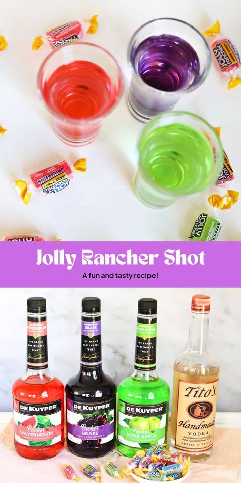 Jolly Rancher Shot - A Beautiful Mess Jolly Rancher Martini, Jello Shots Pink Whitney, Candy Flavored Shots, Candy Flavored Alcoholic Drinks, Watermelon Jolly Rancher Drink, Jolly Rancher Shots Recipe, Shooters Alcohol Recipes, Jolly Rancher Jello Shots, Alcoholic Drinks For A Party