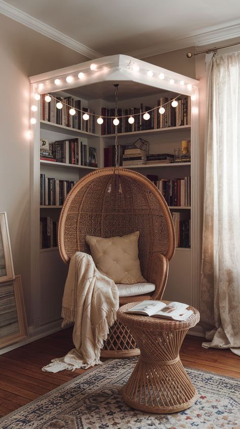 Create your perfect relaxation spot with these 10 DIY reading nook ideas. From easy-to-make seating options to creative shelving and decor tips, these DIY projects will help you transform any corner into a cozy reading space. Small Reading Nook Cozy Corner Bedrooms Ideas, Book Nook Ideas Diy Small Spaces, Reading Spot In Bedroom, Cute Reading Corners, Realistic Room Ideas, Reading Nook Ideas For Small Spaces, Small Book Corner, Diy Cozy Corner, Reading Corner In Bedroom