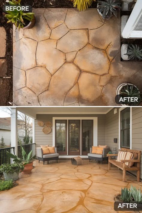 Top view of a cracked concrete patio transformed into a polished, warm-toned outdoor seating area with succulents and wicker furniture. Patio Finishes, Artificial Grass Carpet, Accent Wall Design, Floor Makeover, Porch Floor, Hangout Spot, Stamped Concrete Patio, Porch Flooring, Wooden Decks