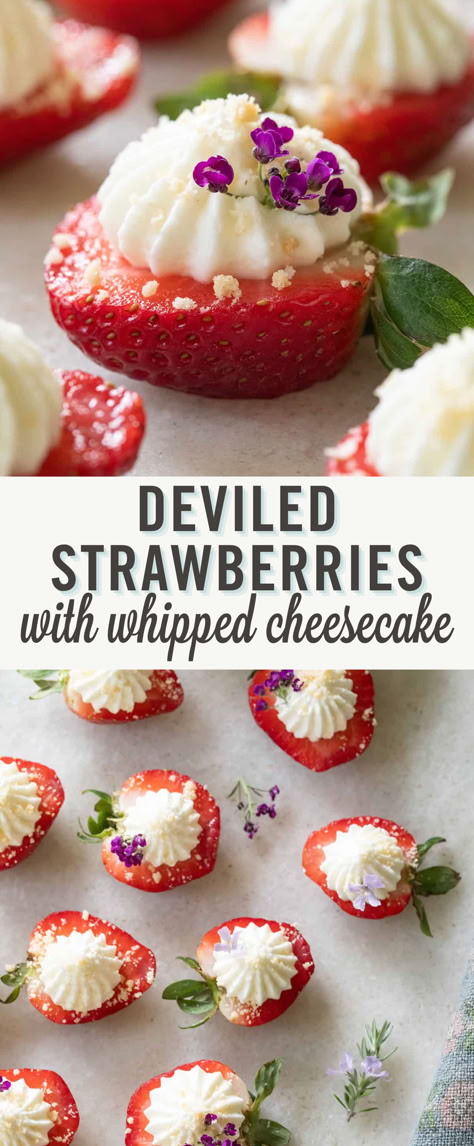 These deviled strawberries made with a cheesecake filling are as pretty as they are delicious! They are topped with a delightful whipped cheesecake. These are no-bake, easy to make, and perfect for a special brunch or afternoon party. Strawberry Deviled Cheesecake, Healthy Desserts For Party, Devil Strawberries, Deviled Strawberry Cheesecake, Easy Fruit Recipes, Diy Wedding Food Ideas, Garden Party Foods, No Bake Cheesecake Strawberry, Cheesecake Deviled Strawberries