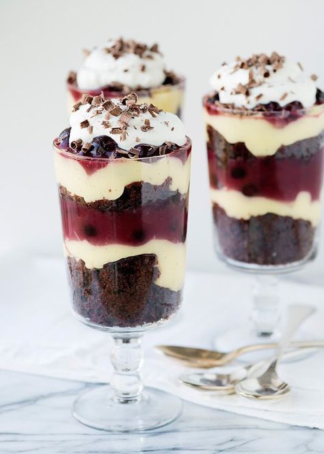 Black Forest Trifles Black Forest Trifle, Trifle Desserts, Make Ahead Desserts, Trifle Recipe, Forest Cake, Chocolate Shavings, Sweet Cherries, Dessert Cups, Food Cakes