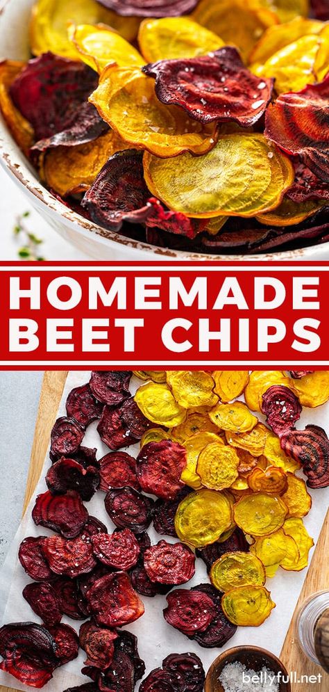 Homemade Baked Beet Chips are a delicious, healthy guilt-free snack. They're slightly sweet with a hint of sea salt, crunchy like a chip should be, and so easy to make. Plus, so pretty! Follow our recipe instructions and tips to achieve that crispy texture from the oven, without being deep fried. Beet Chips Recipe, How To Make Beets, Beet Chips, Diy Breakfast, Vegetable Chips, Modern Homestead, Dehydrating Food, Homesteading For Beginners, Dehydrated Foods