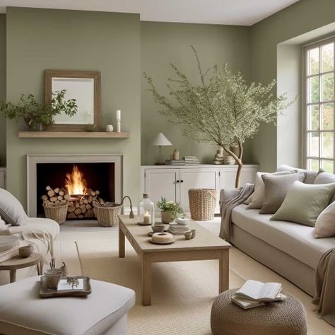 Lounge Decor Green Color Schemes, Olive Green Beige Living Room, Sage And Oak Living Room, White Sage Living Room, Sage Green Front Room Ideas, Calm Living Room Decor Colour Schemes, Sage Green Living Room With Fireplace, Pale Green Walls Living Room, Sage Green Living Room Furniture