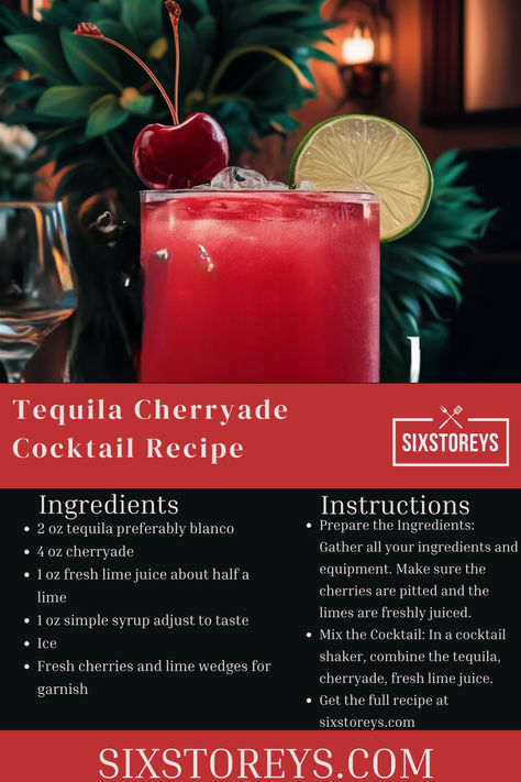 Tequila Cherryade Cocktail Recipe Tequila Recipes, Tequila Mixed Drinks, Tequila Drinks Recipes, Flavored Tequila, Tequila Recipe, Cherry Cocktail, Tiki Drinks, Drinks Alcohol, Fresh Cherries