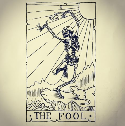 The Fool Skeleton Tarot, Skull Tarot Card Tattoo, The Fool Tattoo Design, Tiny Tattoos With Meaning, Watercolor Tattoo Ideas, Protection Sigils, Gothic Tattoos, Woodcut Tattoo, Line Tattoo Ideas