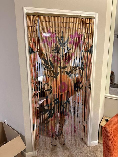 Floral doorway bamboo curtain Beaded Bamboo Curtain, Wooden Bead Door Curtain, Beaded Curtain Doorway, Bedroom Doorway Ideas, Rearranging Room, Doorway Curtain Ideas, Bead Curtain Doorway, Apartment Doorway, Beaded Doorway Curtain