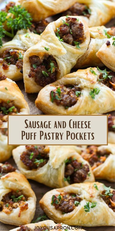 Sausage Puff Pastry Pockets - easy and yummy appetizer and finger food for game day or parties! Flaky puff pastry wrapped around ground sausage and cheese, then baked in the oven. A simple and fun party food using puff pastry. Sausage Puff Pastry, Fun Party Food, Using Puff Pastry, Puff Pastry Pockets, Puff Pastry Recipes Savory, Savory Puff Pastry, Puff Pastry Appetizers, Cheese Puff, Cheese Puff Pastry