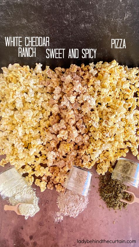 Three Homemade Popcorn Seasoning Recipes Pizza Popcorn Seasoning, Spicy Popcorn Seasoning, Homemade Popcorn Seasoning Recipes, Corn Bar, Homemade Popcorn Seasoning, Popcorn Seasoning Recipes, Flavored Popcorn Recipes, Pizza Popcorn, Pizza Ranch