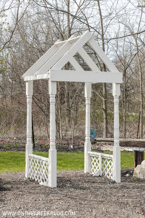 We built a DIY small pergola using a mixture of old & new materials!  We used old posts for the corners! #pergola #pergoladiy #diypergola #outsidestructure #garden #yard  #yardfeature #gardenfeature #wood #upcycle #upcycled #recycledmaterials Solar Chandelier Diy, Garden Chandelier, Solar Chandelier, Shabby Chic Chandelier, Small Pergola, Arbors Trellis, Diy Home Projects, Pergola With Roof, Diy Solar