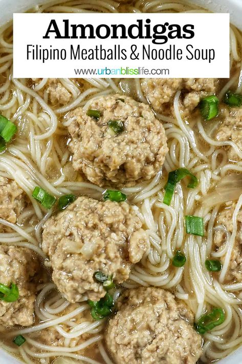 Almondigas is a hot, soothing Filipino meatball and noodle soup. It's the ultimate simple comfort food you can make in 30 minutes! Get the full recipe with expert cooking tips at UrbanBlissLife.com Meatballs And Noodles, Frozen Peanut Butter Banana, Filipino Soup Recipes, Peanut Butter Banana Dog Treats, Homestyle Recipes, Pupcake Recipe, Banana Dog Treats, Frozen Peanut Butter, Albondigas Soup