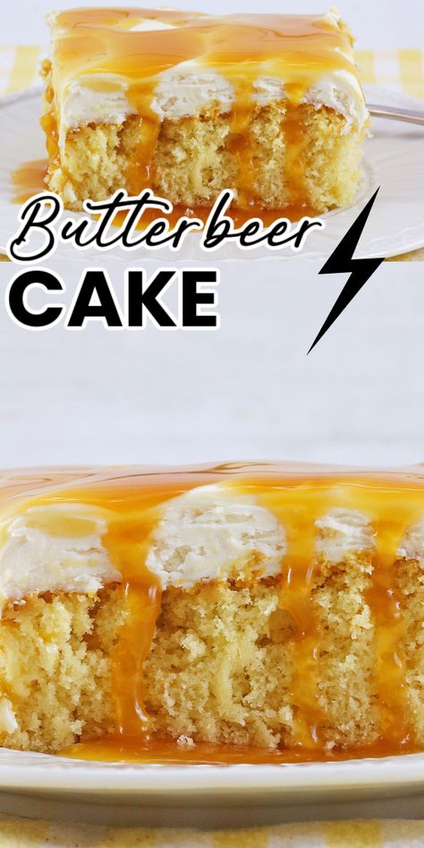 You Can Make A Butterbeer Cake Using Just 2 Ingredients and It's Pure Magic Butterbeer Brownies, Butter Beer Cake Recipe, Butter Beer Cake, Butterbeer Cake Recipe, Beer Cake Recipe, Butterbeer Cake, Birthday Beer Cake, Brownie Mix Recipes, Cake Mix Brownies