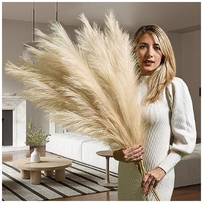 Harry's Cottage Premium Quality Extra Large Beige Artificial Pampas Grass | 3x 115cm 18 Fork Durable Tall Faux Fake Cream Pampas Grass | Boho Decor Fluffy Large Feathers Large Floor Vase, Grass Artificial, Large Feathers, Cozy Atmosphere, Wire Frame, Large Vase, Pampas Grass, Brown Paper, Boho Chic Fashion