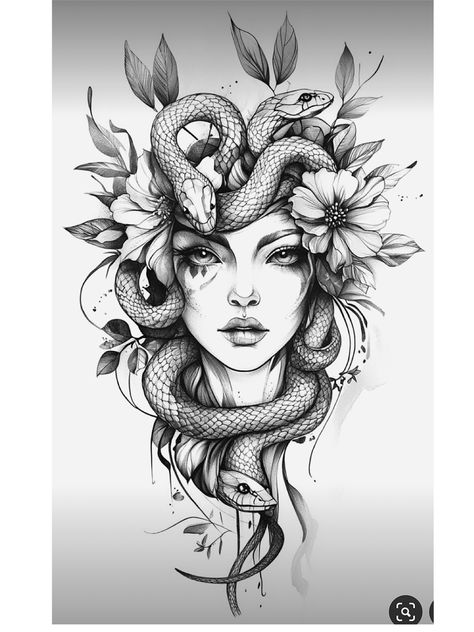 Medusa And Flowers Tattoo, Feminine Snake Tattoo Arm, Cute Medusa Tattoo, Medusa With Flowers Tattoo, Pretty Medusa Tattoo, Medusa Neck Tattoo, Medusa Tattoo With Flowers, Fine Line Medusa Tattoo, Medusa Drawings