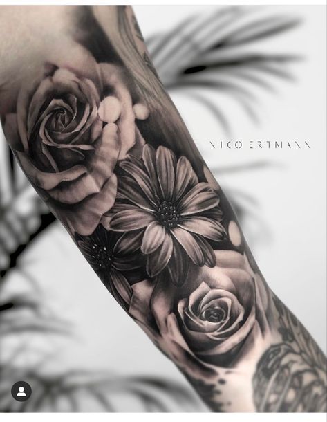 #CoolTattoos #TattooArt #InkMaster #TattooDesigns #InkedUp #TattooLovers #InkInspiration #TattooIdeas #CreativeInk #TattooStyle Black Roses Sleeve Tattoo, Rose And Daisy Tattoo Half Sleeves, Realistic Floral Tattoo Black And White, Realistic Floral Sleeve Tattoo, Realism Tattoo Sleeve Women Flowers, Realistic Flowers Tattoo, Realist Flower Tattoo, Black And Grey Flower Tattoo Sleeve, Black And Grey Realism Flower Tattoo