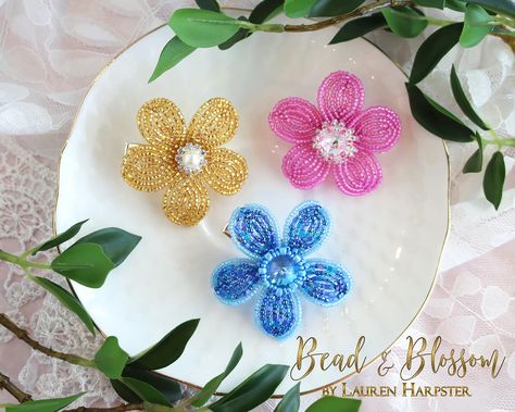 Bead & Blossom - French Beaded Flower Hair Clip Tutorial & My New Dendrobium Orchid Pattern - Learn French Beading Hair Clip Tutorial, Orchid Pattern, Tropical Wedding Bouquets, French Beading, Dendrobium Orchid, Globe Amaranth, Beaded Hair Clips, French Beaded Flowers, Dendrobium Orchids