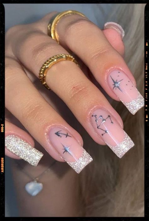 Piceses Nails, Hair Color Ideas For 21st Birthday, Zodiac Nail Art Sagittarius, Nails For Sagittarius, Birthday Nails Sagittarius Short, Aries Nail Ideas, Sagittarius Inspired Nails, Constellation Suit, Sagittarius Nails Designs Short