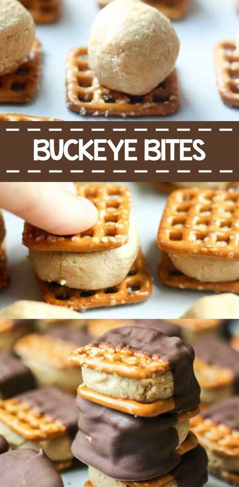 Buckeye Bites, Pretzels Dipped In Chocolate, Pretzels Dipped, Buckeye Cookies, Peanut Butter Pretzel Bites, Finger Food Desserts, Finger Desserts, Butter Tea, Chocolate Dipped Pretzels