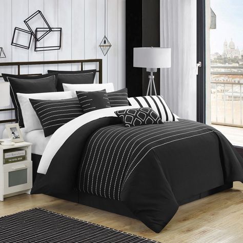 Carlson 13 Piece Bed in a Bag by Chic Home Black Modern Black And White Bedroom, Black And White Comforter, Elegant Comforter Sets, Black And White Bedroom, Black Bed Set, Black Bedroom Design, Chic Home Design, Embroidered Bedding, King Duvet Cover Sets