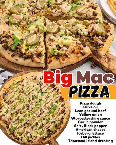 BIG MAC PIZZA!... - Old Fashioned Home Cookin' Recipes Big Mac Pizza, Old Fashioned Home, Thousand Island Dressing, Fun Money, Iceberg Lettuce, American Cheese, Pizza Recipe, Dill Pickle, Big Mac