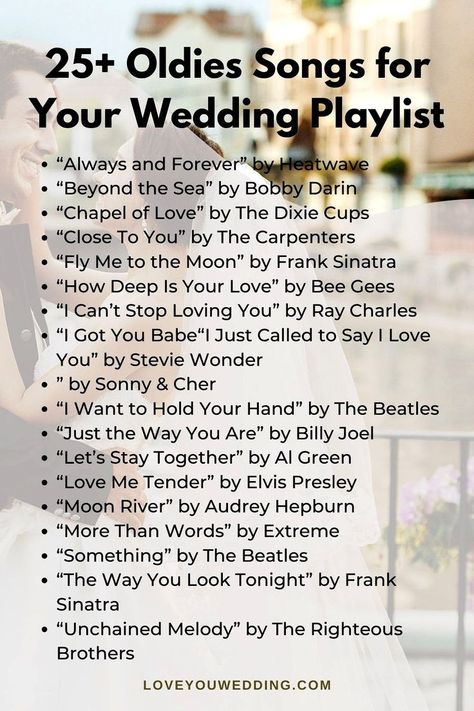 25 Amazing Oldies Songs for Your Wedding Music Playlist. Don't overlook the classics and oldies when crafting your wedding music playlist for the reception! Check out our list of the '25 best ever vintage and oldies wedding songs' for your dance floor playlist. Click through to see the entire collection. Wedding Song Playlist, Oldies Songs, Wedding Music Playlist, Wedding Playlist Reception, Wedding Music Band, Stolen Glances, Wedding Song List, Wedding Ceremony Songs, Old Wedding