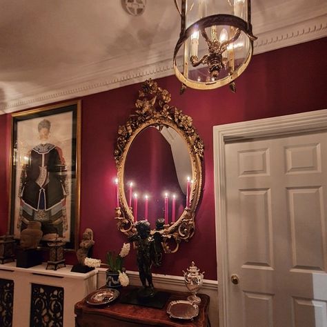 Persephone Room Aesthetic, Vampire Dining Room, Burgundy Room Aesthetic, Red House Aesthetic, Vampire Room Aesthetic, Dark Red Room, Victorian Style Room, Maroon Room, Dark Feminity