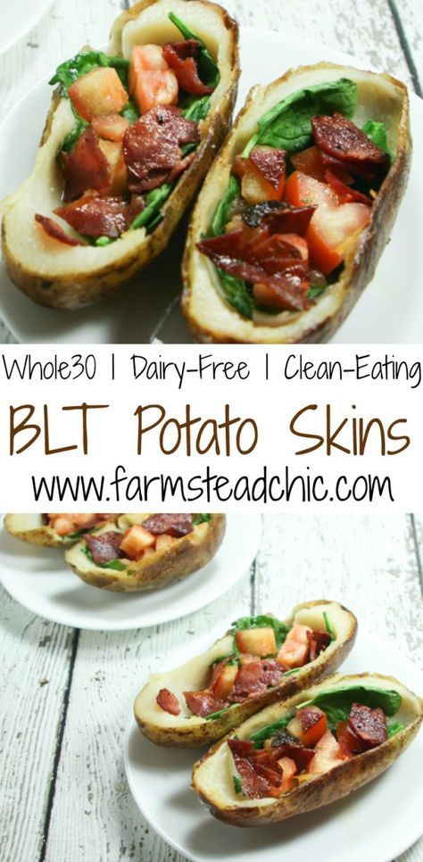 These BLT Whole30 Potato Skins are slathered with ghee and stuffed with spinach, tomato and bacon. Crispy and "buttery," they are the perfect Whole30 treat! Nutrition Challenge, Spinach Tomato, Whole30 Dinners, Whole 30 Diet, Whole30 Recipes, Paleo Lunch, Potato Skins, Paleo Whole 30, Whole 30 Recipes