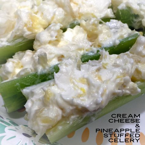 Cream Cheese And Pineapple Stuffed Celery – You Betcha Can Make This! Pineapple Cream Cheese Spread Recipe, Dried Beef Cheeseball Recipes, Stuffed Celery Sticks, Cheese And Pineapple, Celery Snacks, Stuffed Celery, Cream Cheese Spread Recipes, Cream Cheese Appetizer, Celery Recipes