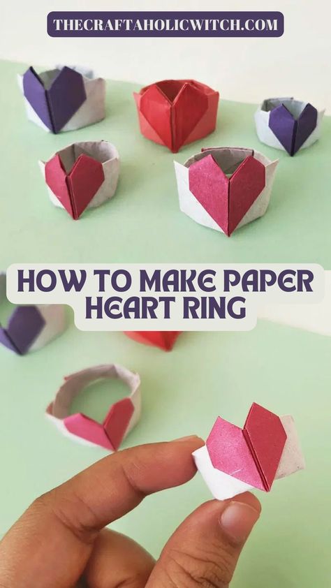 Paper Rings Origami Heart, Origami Paper Ring Step By Step, How To Make Paper Rings Step By Step, Heart Ring Origami, How To Make Paper Rings, Paper Heart Ring, Paper Rings Tutorial, Origami Rings, Heart Rings Diy