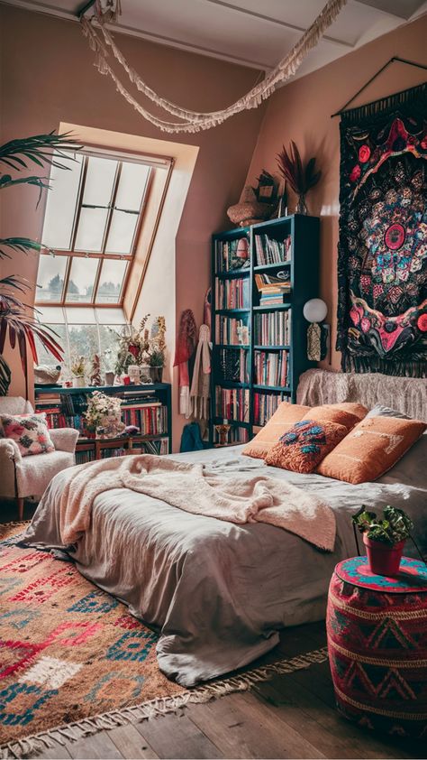 Cozy, bohemian-style bedroom with a bed, colorful pillows, bookshelves, plants, and wall art. Eclectic Bedroom Color Palette, Boho Red Bedroom, Cosy Boho Bedroom, On The Floor Bed Ideas, Room Inspo Cozy Boho, Bedroom Inspo Boho, Boho Vintage Bedroom, Hippie Room Decor Bohemian, Vintage Eclectic Bedroom