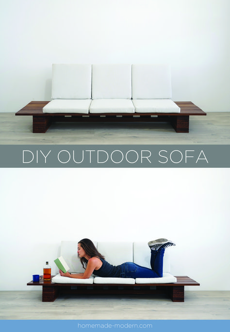 This DIY Outdoor sofa was made out of Cumaru Deck boards and outdoor cushions from Target. For more information go to HomeMade-Modern.com Cumaru Deck, Outdoor Sofa Ideas, Futon Diy, Homemade Outdoor Furniture, Outdoor Couch Diy, Outdoor Sofa Diy, Homemade Modern, Modern Outdoor Sofas, Diy Outdoor Table