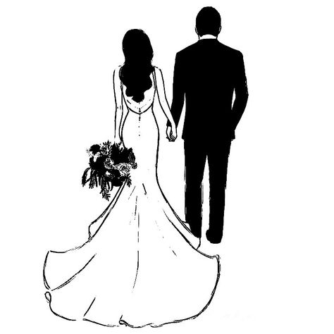 Couple Illustration Wedding, Wedding Dress Illustrations, Bride And Groom Silhouette, Wedding Drawing, Digital Invitations Wedding, Couple Sketch, Silhouette People, Typography Artwork, Dress Illustration