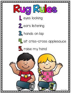 I just finished making myself a new mini-poster to use during carpet time this year.  I thought it turned out pretty adorably (how could it... Rug Rules, Preschool Rules, Uppfostra Barn, Kindergarten Anchor Charts, Preschool Circle Time, Prek Classroom, Class Rules, Classroom Behavior Management, School Rules