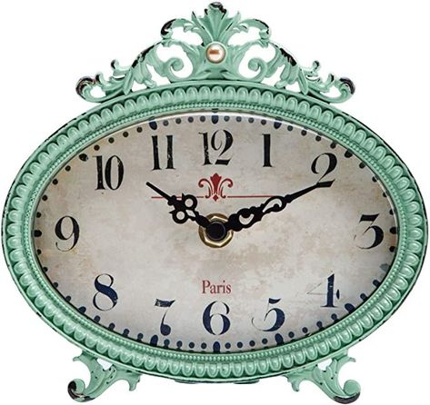 NIKKY HOME Vintage Table Clock, French Turquoise Color Rococo Style Desk Clock Battery Operated Rustic Design, Home Décor for Living Room, Bedroom, Bedside, Desk, Gift Clock - Distressed Green. Amazon affiliate Desk Gifts, Bedside Desk, Retro Desk, French Rustic, Shelf Clock, Tabletop Clocks, Home Vintage, Table Vintage, Rococo Style