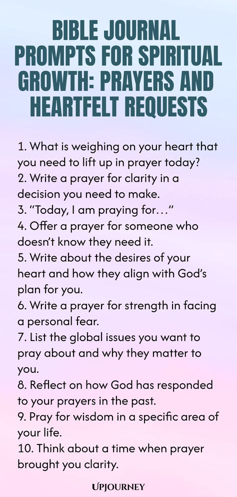 Explore these insightful Bible journal prompts designed to deepen your spiritual growth. Reflect on prayers and heartfelt requests as you journey through your faith walk. Let these prompts guide you in connecting with God on a deeper level and finding peace in His presence. Great for personal devotionals or group discussions, start your journaling journey today! Bible Reflection Journal, Journal Prompts For Christians, Daily Devotional Journal Ideas, Christian Journaling Prompts, Christian Journal Ideas, Bible Journaling Prompts, Bible Journal Prompts, Christian Journal Prompts, Prayer Journal Prompts