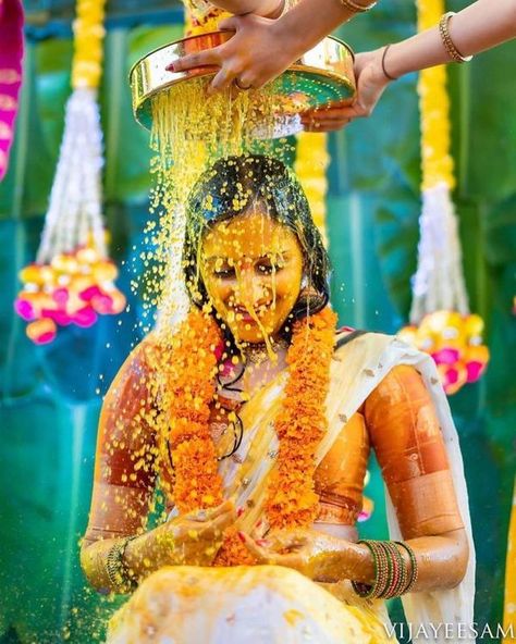 Mangala Snanam Never Looked This Beautiful! Must Read For #SouthIndianBrides Hyderabadi Bride, Mangala Snanam, Haldi Poses For Bride, Haldi Poses, Haldi Photoshoot, Indian Wedding Poses, Bridal Photography Poses, Indian Wedding Couple Photography, Desi Wedding Decor