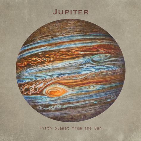 Jupiter Aesthetic Planet Vintage, Vintage Astronomy Prints, Jupiter Planet, Outer Planets, Planet Tattoos, Planets Art, The Planets, Vintage Poster Art, Design Tattoo