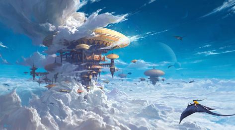 ArtStation - 《Cloud City》, G xy Pixiv Fantasia, Cloud City, Wallpaper Sky, Floating City, Rpg Map, Landscape Concept, Fantasy City, Fantasy Setting, Fantasy Places