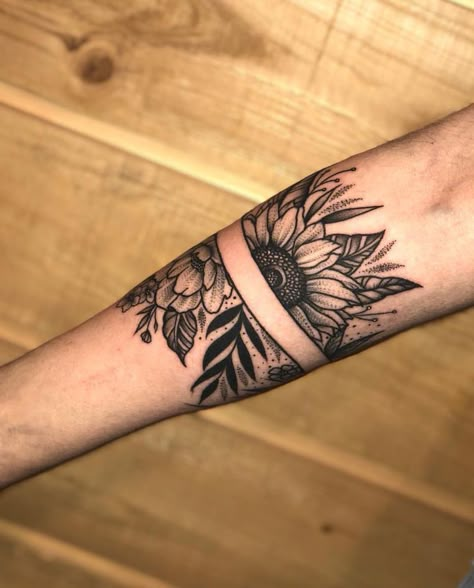 220+ Flower Tattoos Meanings and Symbolism (2020) Different Type of Designs & Ideas Sunflower Arm Band Tattoo, Tattoo Band, Sunflower Tattoo Sleeve, Mandala Flower Tattoos, Cuff Tattoo, Tattoo Diy, Tattoos Arm, Flower Tattoo Sleeve, Sunflower Tattoos