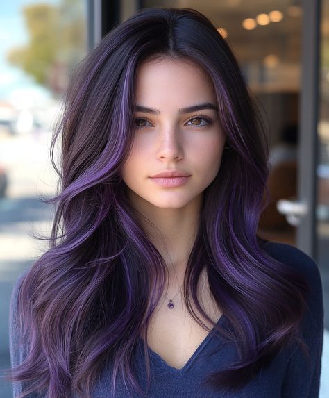 Wavy darkish Hair with Lavender Highlights Dark Hair With Lavender, Hair With Lavender Highlights, Wavy Dark Hair, Lavender Highlights Dark Hair, Highlights Dark Hair, Bold Balayage, Lavender Highlights, Subtle Ombre, Dark Hair With Highlights