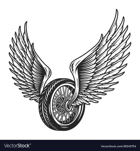 Wheel Illustration, Wings Illustration, Wheel Tattoo, Black And White Photo Wall, Eagle Wings, Motorcycle Wheels, 1 Tattoo, Monochrome Fashion, Vector Logo Design