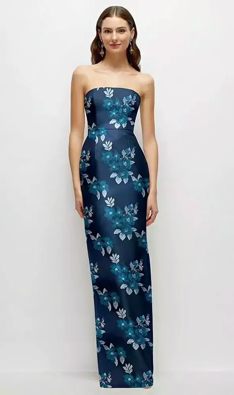 Midnight Navy Strapless Baroque Rose Damask Column Bridesmaid Dress With Back Slit In Midnight Navy Damask | The Dessy Group Formal Navy Dresses, Tea Length Floral Dress, Dark Blue Floor Length Dress, Deep Teal Dress, Dark Blue Bridesmaid Dresses Mismatched, Wedding Navy Blue Color Schemes, Blue Floral Formal Dress, Bridesmaid Dresses Matching, Blue Floral Bridesmaid Dresses