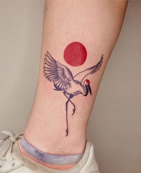 Crane Tattoo Meaning, Japanese Crane Tattoo, Red Tattoo Ideas, Scandinavian Tattoo, Charm Tattoo, Cupid Tattoo, Red Ink Tattoo, Crane Tattoo, Trending Tattoo