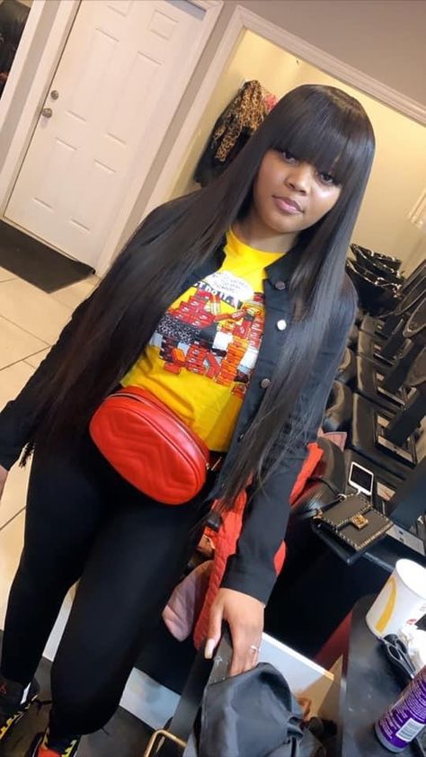 Chinese bang blunt cut long black hair 👩🏿‍💼 Black Chyna Bangs, Bang Wrap Black Women, Chinese Bangs Weave, Bang Sew In Weave Black Women, Bangstyle Hair Long Black Women, Chinese Bang Quick Weave, Quick Weave Hairstyles With Bangs, Chinese Bangs Black Women, Chinese Bang Bob