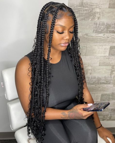 Statement Jumbo Braids with Curls Jumbo Braids With Beads, Jumbo Braids With Curls, Large Goddess Braids, Jumbo Goddess Braids, Jumbo Cornrows, Braids Large, Large Braids, Knotless Braids Styles, Medium Knotless Braids