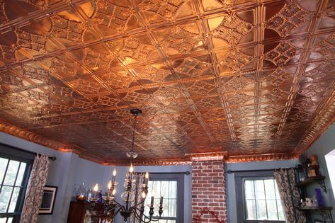 Stamped Ceiling, Copper Ceilings, Copper Ceiling Tiles, Metal Panel Ceiling, Contemporary Victorian, Metal Ceiling Tiles, Luxury Ceiling Design, Tile Renovation, Copper Ceiling