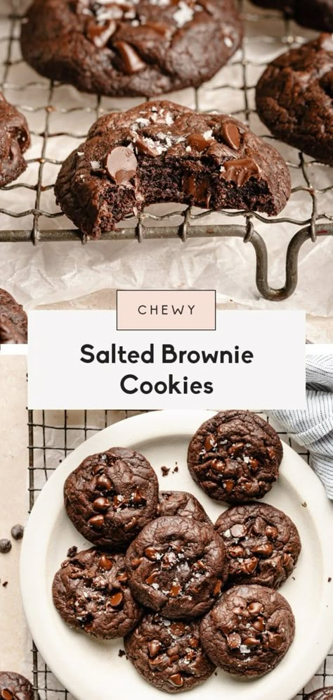 Incredible chewy salted brownie cookies with the perfect sweet and salty, bakery-style flavor. These fudgy double chocolate chip cookies are delicious straight from the oven or chilled from the refrigerator! The best treat for chocolate lovers. Salted Brownie Cookies, Ambitious Kitchen Recipes, Cookies With Sea Salt, Chewy Chocolate Brownies, Chocolate Brownie Cookies, Ambitious Kitchen, Chocolate Sugar Cookies, Salty Treats, Double Chocolate Chip Cookies