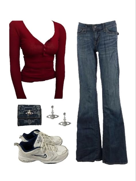 Low Jeans Outfit, Red Top Outfit, Low Rise Jeans Outfit, Vivienne Westwood Accessories, 2000 Outfits, Outfits 2000s, Red Long Sleeve Tops, 2024 Outfits, 2000s Outfits