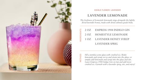 Creating Cocktails with Edible Flowers & Herbs - Empress 1908 Gin Empress Gin, Empress 1908 Gin, Gin Blossoms, Edible Cocktails, Korean Drinks, Gin Cocktail Recipes, Cocktails Recipes, Floral Cocktails, Lavender Lemonade