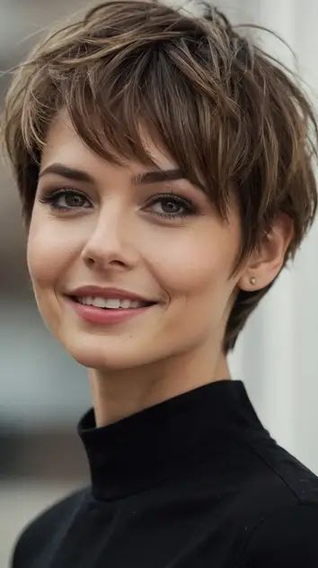 The Fringe Benefits: 15 Short Hair Cuts for Women Who Love Bangs - TecArticles Fall Short Hairstyles, Hair Styles With Fringe, Best Hairstyles For Fine Hair, Dark Copper Balayage, Dark Copper Balayage Brunette, Shaved Sides Pixie, Chocolate Copper Hair, Short Hairstyle Women Round Face, Copper Balayage Brunette